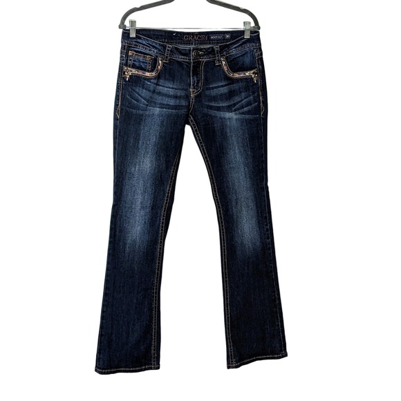 GRACE Mid-Rise Bootcut Dark Blue Distressed Jeans w/Embellished Pockets Size 30 - Picture 1 of 7